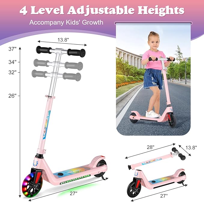 Caroma Electric Scooter for Kids Ages 6-14, 250W/180W/150W Motor & 15 Mph, 85 Mins Ride Time, Adjustable Height & Speed, LED Display, Kids Electric Scooter, Best Gifts for Boys & Girls