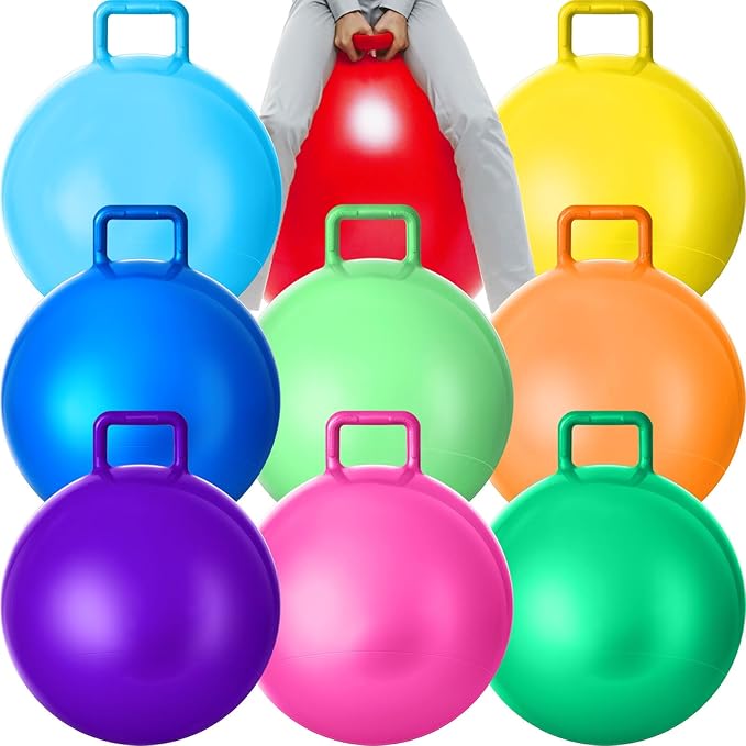 Meooeck 9 Pcs Hopper Ball 29 Inch Jumping Hopping Outdoor Bouncy Ball with Handles and Air Pump for Sports School Games Exercise(Multicolor)