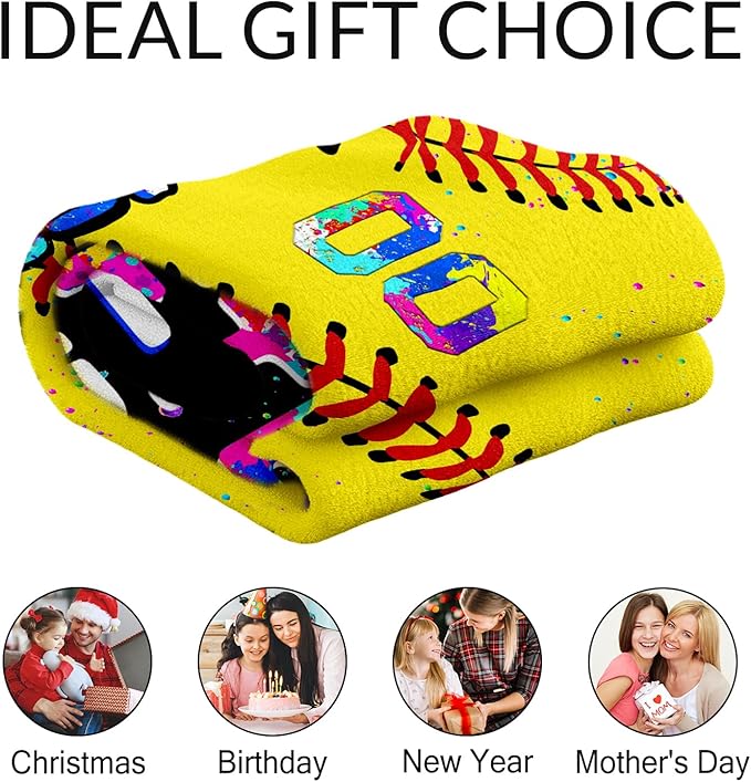 Personalized Softball Throw Blanket for Teens - 50x60 Inches Plush Softball Blankets for Girls - Black Warm Soft Throws for Sofa, Bed & Travel
