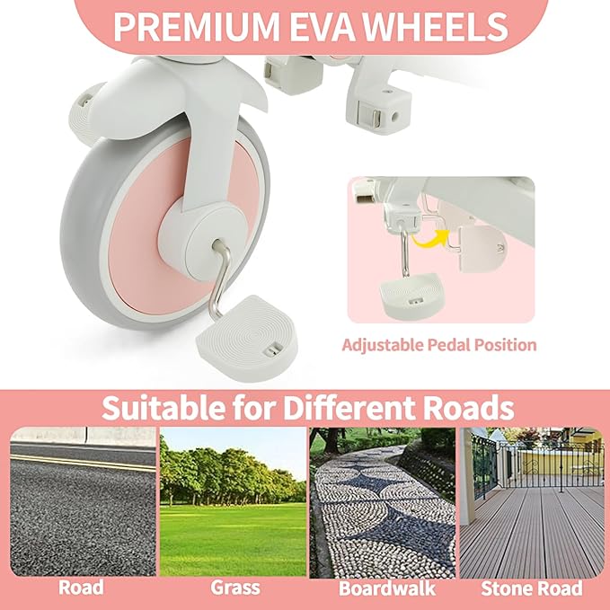 JMMD Baby Tricycle, 7-in-1 Foldable Kids Trike with Adjustable Parent Handle, Safety Harness & Wheel Brakes, Removable Canopy, Stroll Trike for Boys & Girls Ages 18 Months-5 Years, Pink