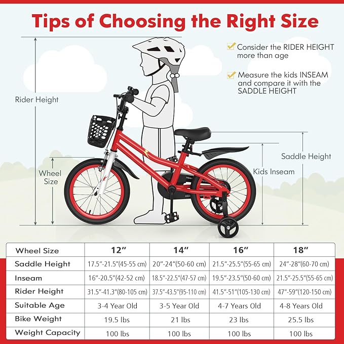 COSTWAY Kids Bike, 12 14 16 18 Inch Toddler Bike for Boys & Girls Aged 3-8 Years Old, Kids Bicycle w/Removable Training Wheels, Handbrake & Coaster Brake, Basket, Bell