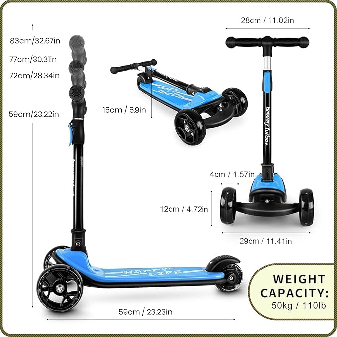 Besrey Kick Scooter for Kids Ages 3-10, 3-Wheel Folding Scooter with Adjustable Height, LED Light Wheels, Extra Wide Deck for Outdoor Activities