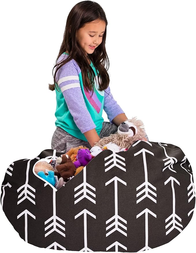 Posh Creations Kids Stuffed Animal Storage Bean Bag Chair Cover - Childrens Toy Organizer, Large-38in, Canvas White Arrows on Gray