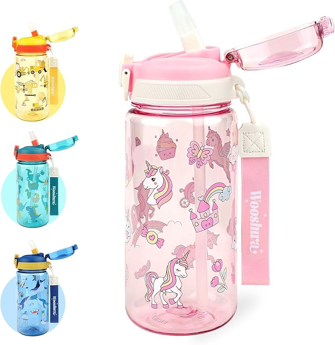 Kids Water Bottle for School or Travel, 20 Oz Durable Plastic Water Bottle with Silicone Straw and Pop-Up Spout Cover, BPA Free & Dishwasher Safe(Unicorn)