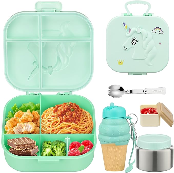 Kids Lunch Box Set -12oz Insulated Food Jar, Thermal Bag,Leakproof Lunch Food Containers Cutlery (BPA Free)-Gift for Girls/Boys Age 3-10(Green-Gradient)