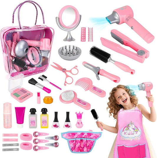 deAO Hair Salon Toys for Girls Pretend Paly Hair Styling Kit Kids Makeup Set, Beauty Salon Set with Blow Dryer Apron Accessories, Birthday Gifts for Toddler Girls Boys 3 4 5 6+