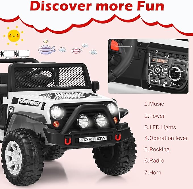 Costzon 2-Seater Ride on Truck, 12V Battery Powered Electric Vehicle w/Remote Control, 2 Speeds, Spring Suspension, LED Light, Horn, Music/ MP3, 2 Doors Open, Ride on Car for Kids (White)