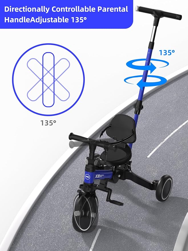 XJD Toddler Bike, 6 in 1 Folding Toddler Tricycle for 1-4 Year Old with Parental Control Handle, Balance Bike with Removable Pedal, Backrest, Adjustable Seat and Handle, First Birthday Gifts (Blue)