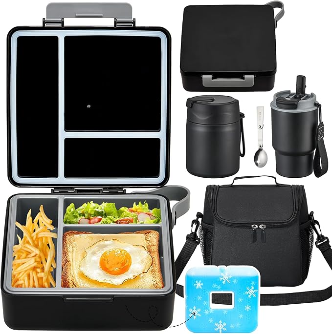Lunch Box Set with Bento Box Container, 17OZ Stainless Steel Food Soup Thermo, Kids Water Bottle & Portable Insulated Lunch Bag – Leakproof, Hot/Cold Retention for School, Travel (Black)