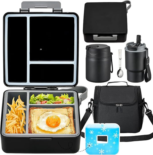 Lunch Box Set with Bento Box Container, 17OZ Stainless Steel Food Soup Thermo, Kids Water Bottle & Portable Insulated Lunch Bag – Leakproof, Hot/Cold Retention for School, Travel (Black)