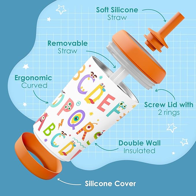 Kid Insulated Stainless Steel Tumbler with Silicone Straw, 12oz Sippy Cup for Kids (Alphabet)