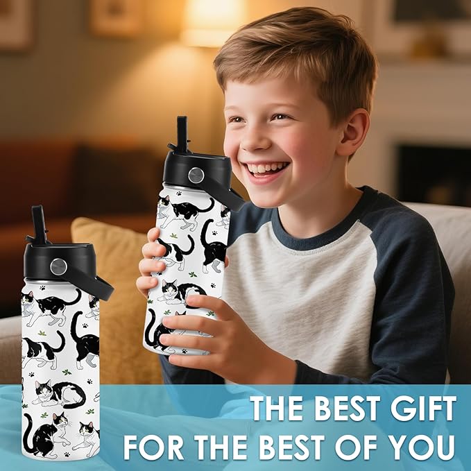 Cat Gifts for Kids - 16oz Cute Cow Cat Water Bottle with Straw Lid, Stainless Steel Insulated Tumbler, Leak Proof, BPA-Free, for Boys, Girls, School - Cow Cats Lovers Children Birthday Gifts Cups(1pc)