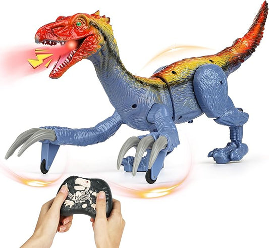 Remote Control Dinosaur Toys for Kids - Big Electronic RC Walking Realistic Dinosaur Toys with Spray & Light & Roar, Jurassic Velociraptor Toy Christmas Birthday Gift for Boys and Girls 3-12 (Blue)