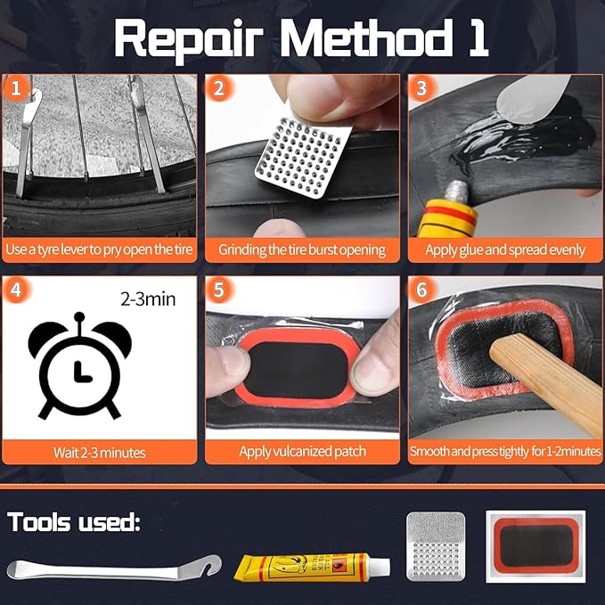 LECHI Bike Tire Repair Kit with Vulcanizing Patches,Stainless Steel Levers,Valve core Wrench for Motorcycle BMX Cycling MTB Road Mountain Bicycle(40 PCS)