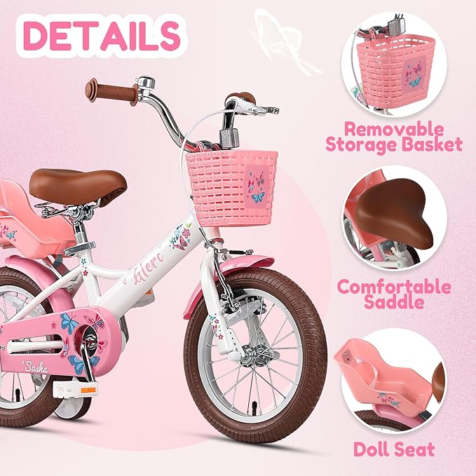 Glerc Sasha Girls Bike, 12-20 Inch Kids Bike for Ages 2-13 Years Old Children, Retro Vintage Style Kids Bicycle with Doll Bike Seat, Basket and Training Wheels, Multiple Colors