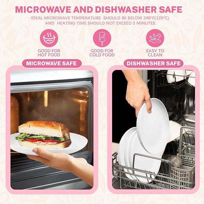 Homienly Wheat Straw Plates Set of 8, 9 inch Unbreakable Microwave and Dishwasher Safe Plates, Lightweight Round Dinner Plates with Unique Texture, Plate for Kitchen, Camping, Picnic - White