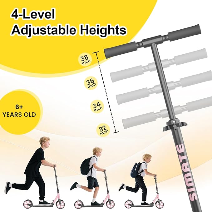 SIMATE Kick Scooter for Kids Teens & Adults, 4 Adjustable Heights, 8IN All Terrain Big Wheels, Foldable and Lightweight, Gifts for Girls Boys