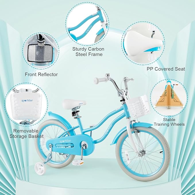 BABY JOY Kids Bike, 12 14 16 18 20 Inch Boys Girls Bike w/Adjustable Seat, Removable Basket, Handbrake & Coaster Brake, Training Wheels or Kickstand, Kids Bicycle with Multi-Color