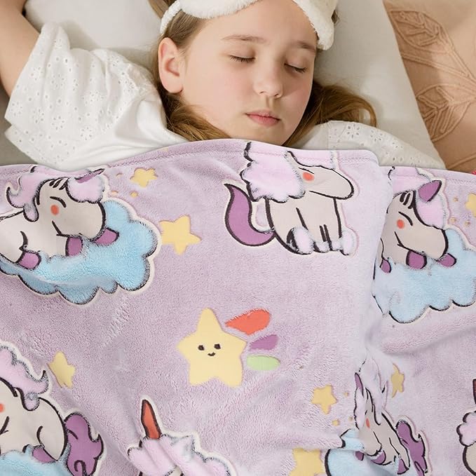 Glow in The Dark Blanket Unicorn Pattern for Unique Birthday Gifts for Girls Boys Teens, Lightweight Soft Cozy Warm Fuzzy 60"×80" Purple
