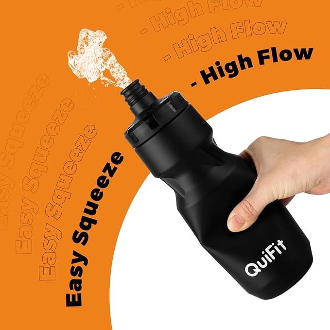QuiFit Bike Water Bottle 2-Pack, 24oz Squeeze Bottles BPA Free, Leak Proof, Reusable Sport Jug with Dust Cover, Fit Most Bike Holders, for Cycling, Gym, Camping, Hiking(Black+Black, 24oz)