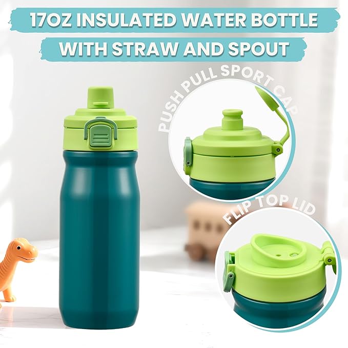 PIQUEBAR Kids Lunch Box with 8oz Thermo, Leakproof Bento Box with Insulated Bag, Kids Insulated Water Bottle with Straw, Food Lunch Container for Back to School Girls Boys, Green