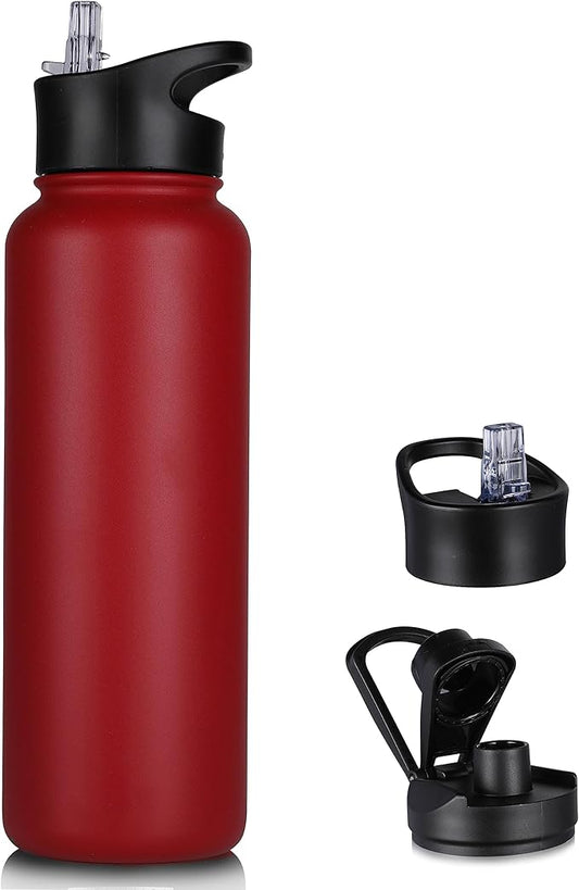 40 oz Insulated Water Bottle with Straw, Stainless Steel Sports Water Bottles with 2 Lids (Straw and Wide Mouth lid), Double Wall Vacuum, Leakproof, BPA-Free, Red