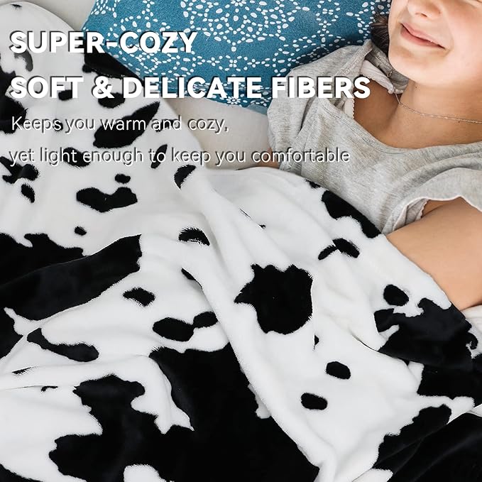 Cow Print Blanket Black & White - 50"x60" Plush Soft Fuzzy Fleece Throw for Adults Kids, All-Season Lightweight Bedding Decor, Gifts for Cow Lovers Birthday