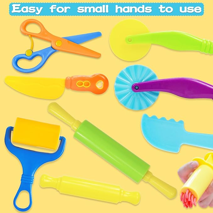 Playdough Tool Set, 9 Pcs Play Dough Tools Sets for Kids Ages 4-8, Playdough Accessories Includes Cutters Roller, Rolling Pins, Safety Scissors, Plastic Knife