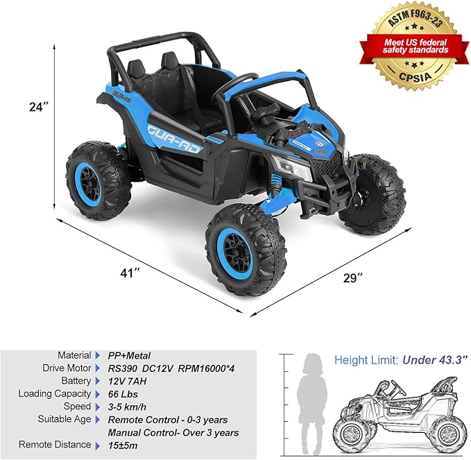 JOYLDIAS 4WD Ride On Car, 12V Battery Powered Electric Off-Road UTV for Kids, 4X4 Electric Vehicle with 4 Powerful Engines, 2.4G Remote Control, Music, Bluetooth, LED Lights for Boys and Girls, Blue