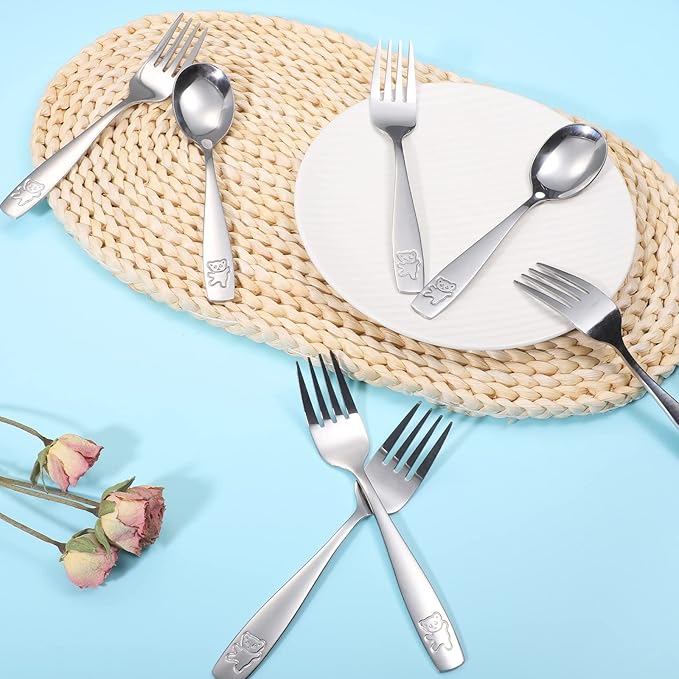 16 Pieces Toddler Utensils Kids Silverware Set, Stainless Steel Childrens Forks and Spoons, Metal Kids Safe Flatware Set, Dishwasher Safe