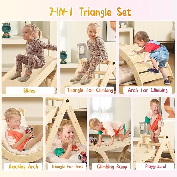 Pikler Triangle Set with Cushion, 7 in 1 Toddler Climbing Toys Indoor, Montessori Foldable Climbing Set, Wooden Climbing Toys for Toddlers Inside with Ramp, Arch and Ladder (Nature Wood)