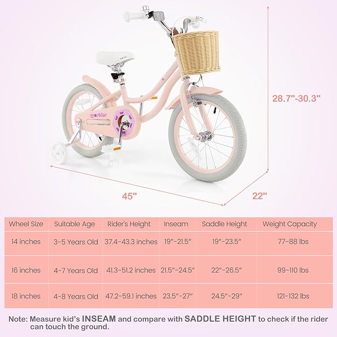 BABY JOY Kids Bike, 14 16 18 Inch Retro Kids Bicycles for 3-8 Years Old Children with Training Wheels, Adjustable Height, Rattan Basket, Handbrake & Coaster Brake, Boys Girls Bike (Pink, Green, Blue)