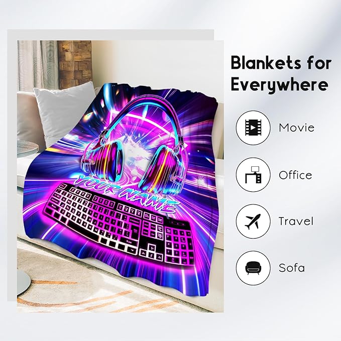 Custom Boys Blanket - Gaming Blankets for Teenage Boys - Personalized Kids Blanket with Name - 60"x80" Warm Flannel Gamer Throws for Bed