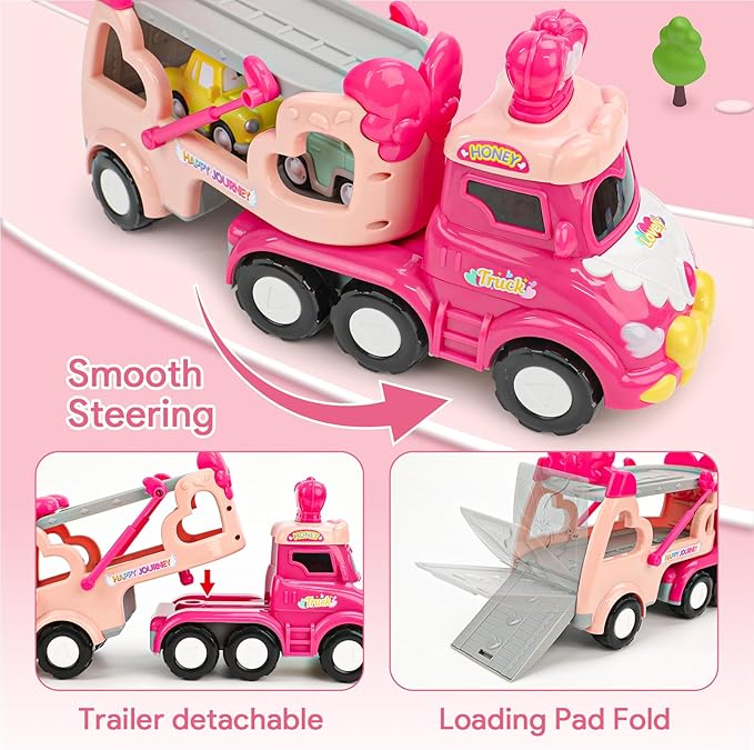 Toddler Car Toys for 1 2 3 4 Year Old Girl, 5-in-1 Pink Princess Truck Girl Cars for Toddlers 1-3 with Light & Sound, Toddler Girl Toys Age 1-2 2-4,Birthday Gifts for Baby Girl Toys