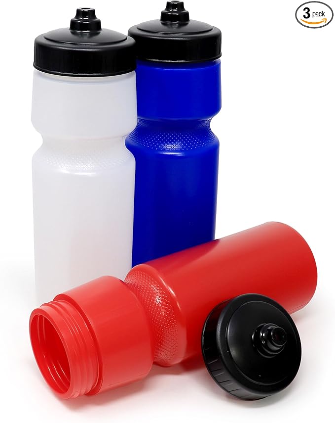 Rolling Sands USA Made 24 oz Sports Squeeze Water Bottles, 3 Pack, BPA-Free, Easy Drink One Way Flow Valve, Fits Most Bike Cages, Dishwasher Safe, Durable, Reusable and Lightweight, Variety