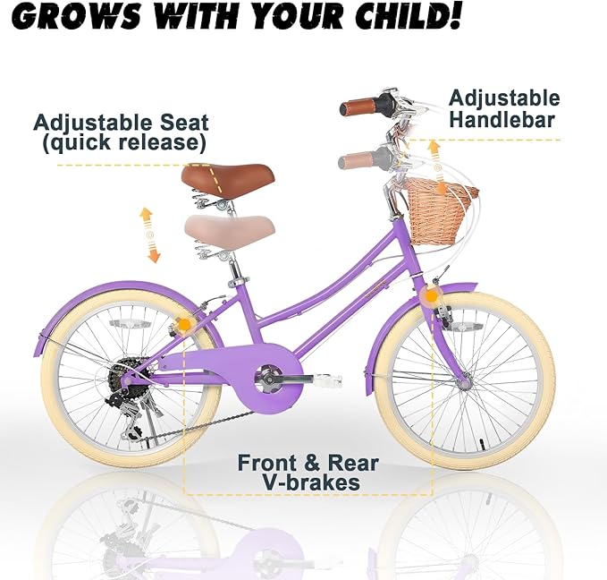 Glerc 20 24 26 Inch Beach Cruiser Bike, 6-Speed Hybrid City Bicycle for Girls Youth and Over 6 Years Old, Missy Bike with Wicker Basket & Lightweight, Multiple Colors