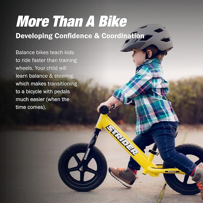 Strider 12” Sport Bike - No Pedal Balance Bicycle for Kids 1 to 4 Years - Includes Safety Pad, Padded Seat, Mini Grips & Flat-Free Tires - Tool-Free Assembly & Adjustments