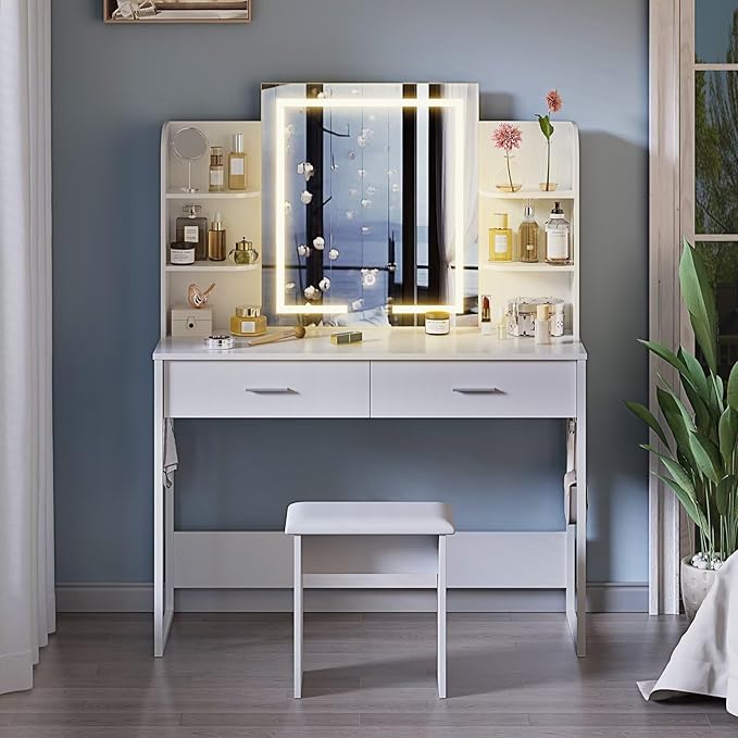 Vyre Metal Vanity Desk with Hooks, White Makeup Table with Mirror and Light, Adjustable Brightness, 2 Large Drawers, 6 Open Shelves, Vanity Set with Chair for Bedroom, Girls