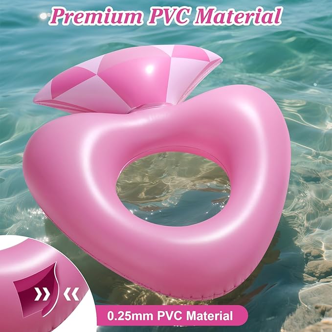 HeySplash Pool Floats, Inflatable Diamond Ring Pool Float, Large Engagement Ring Floatie for Bachelorette Party, Heart Shaped Swim Tube River Lake Beach Bride Wedding Decor Fun Toy Raft Adults, Pink