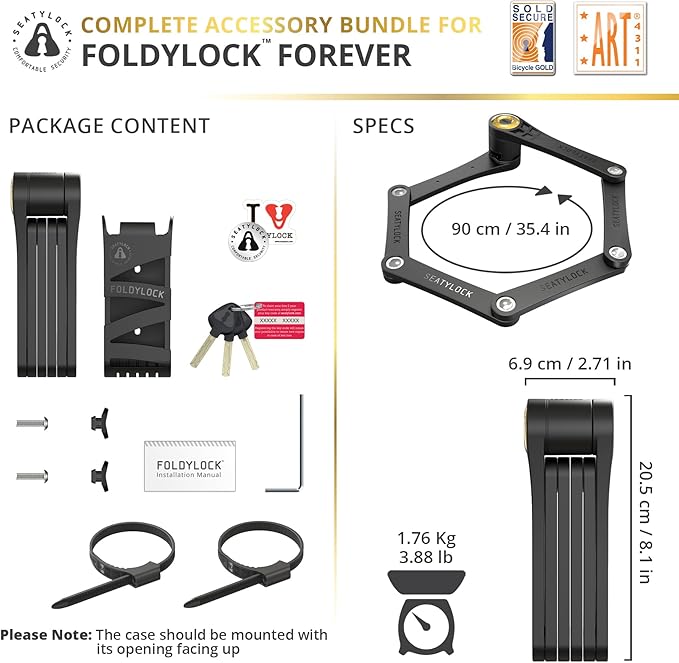 FoldyLock Forever Folding Bike Lock - Patented Sleek High Security Sold Secure Gold Bicycle Lock - Heavy Duty Anti Theft Smart Guard with Keys - 90cm