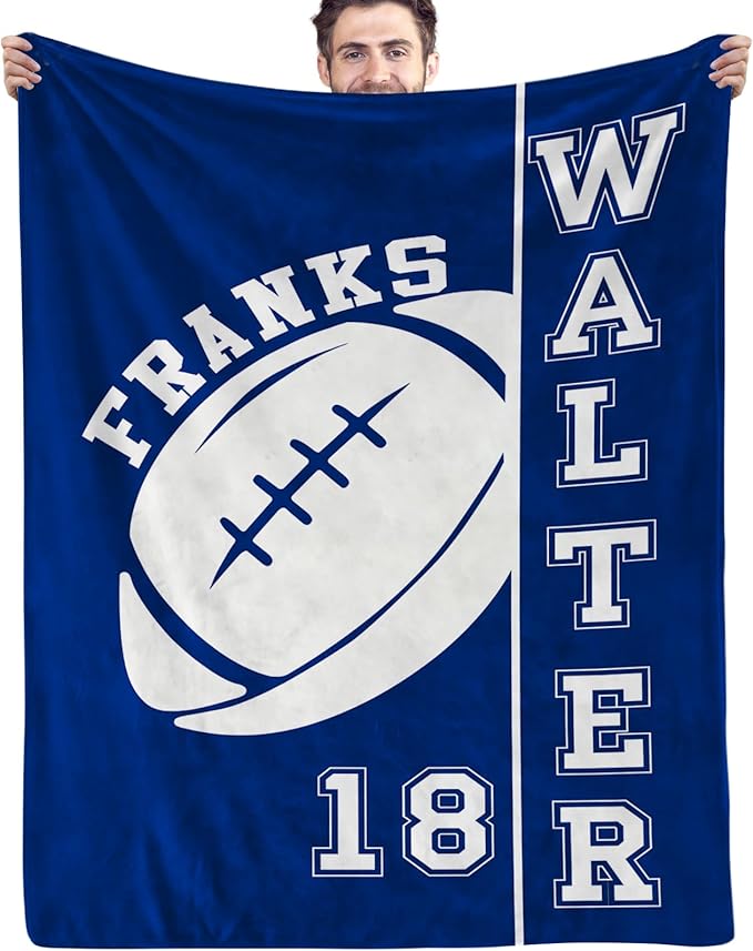 Personalized Football Blankets with Name Numbers, Custom Football Team Game Throw Flannel Blankets Stuff Gifts for Boys Sports Lover Fans Kids Adult