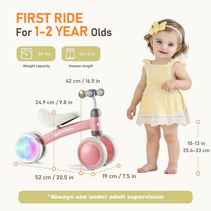 Colorful Lighting Baby Balance Bike Toys for 1 Year Old Girl Gifts, Balance Bike 1 Year Old No Pedal, 12-24 Months Toddler Ride on Toys with 4 Silent Wheels & Soft Seat, 1st Birthday Gifts, Pink