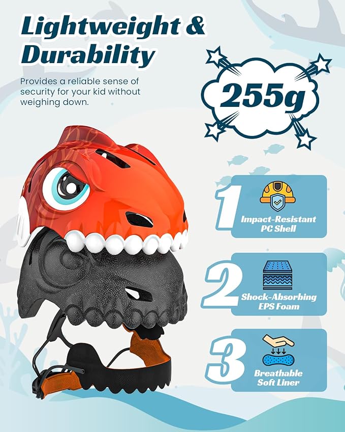 Bike Helmet for Kids 3-5-8 Toddler Bike Helmet Animal 3D Cartoon Boys Girls Safety Adjustable Kids Helmet and Pads Set for Cycling Scooter Skateboard