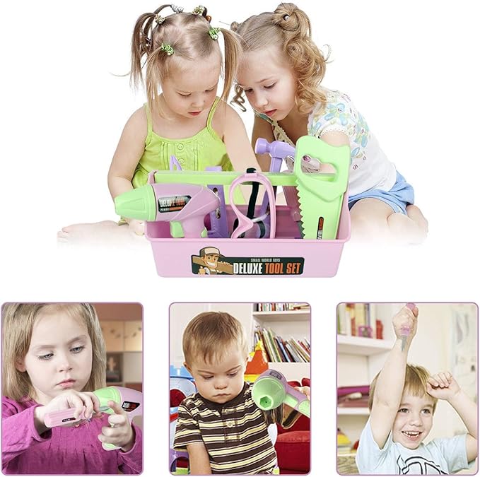 Pink Kids Tool Set (18 PCS) Pretend Play Construction Kit with Tool Box & Manual Drill