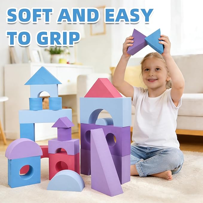 Large Building Foam Blocks for Toddlers, EVA Stacking Foam Building Blocks Toy Set, Non-Toxic, Washable, Early Learning Construction Toys & Gifts for Kids Boys & Girls (Pink, Pieces, 30)