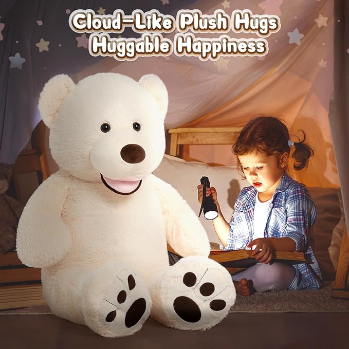 MorisMos Smile Giant Teddy Bear, 51inch Large Stuffed Bears with Big Footprints, Big Stuffed Animals Cuddly Plush Gifts for Girlfriends, Boyfriend, White