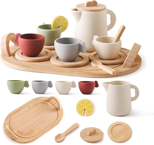 Youuys Wooden Tea Party Set for Toddler 3-5,Kids Tea Sets for Little Girls 4-6, 14pcs Silicone Kitchen Accessories, Pretend Play Montessori Toys with Tray for 3 4 5 6 Year Old Birthday