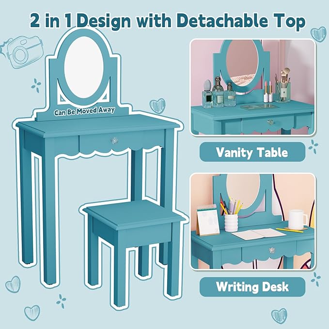HLR Kids Vanity,Little Girls Vanity Set with Mirror and Stool,Wooden 2 in 1 Princess Makeup Desk Dressing Table with Detachable Top, Toddler Vanity Dresser Set with Drawer for Little Girls,Blue