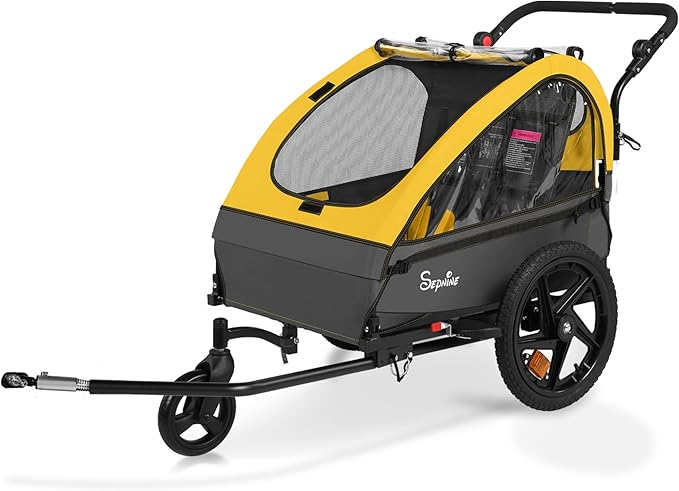 Sepnine Kids Bike Trailer, 2 in1 Canopy Carrier Converts to Stroller Suitable for 1 to 2 Kids, 12+ Months, Quick Attach to Bike, Foldable, with 5-Point Harness and Storage Bags