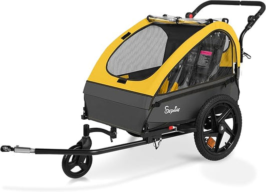 Sepnine Kids Bike Trailer, 2 in1 Canopy Carrier Converts to Stroller Suitable for 1 to 2 Kids, 12+ Months, Quick Attach to Bike, Foldable, with 5-Point Harness and Storage Bags